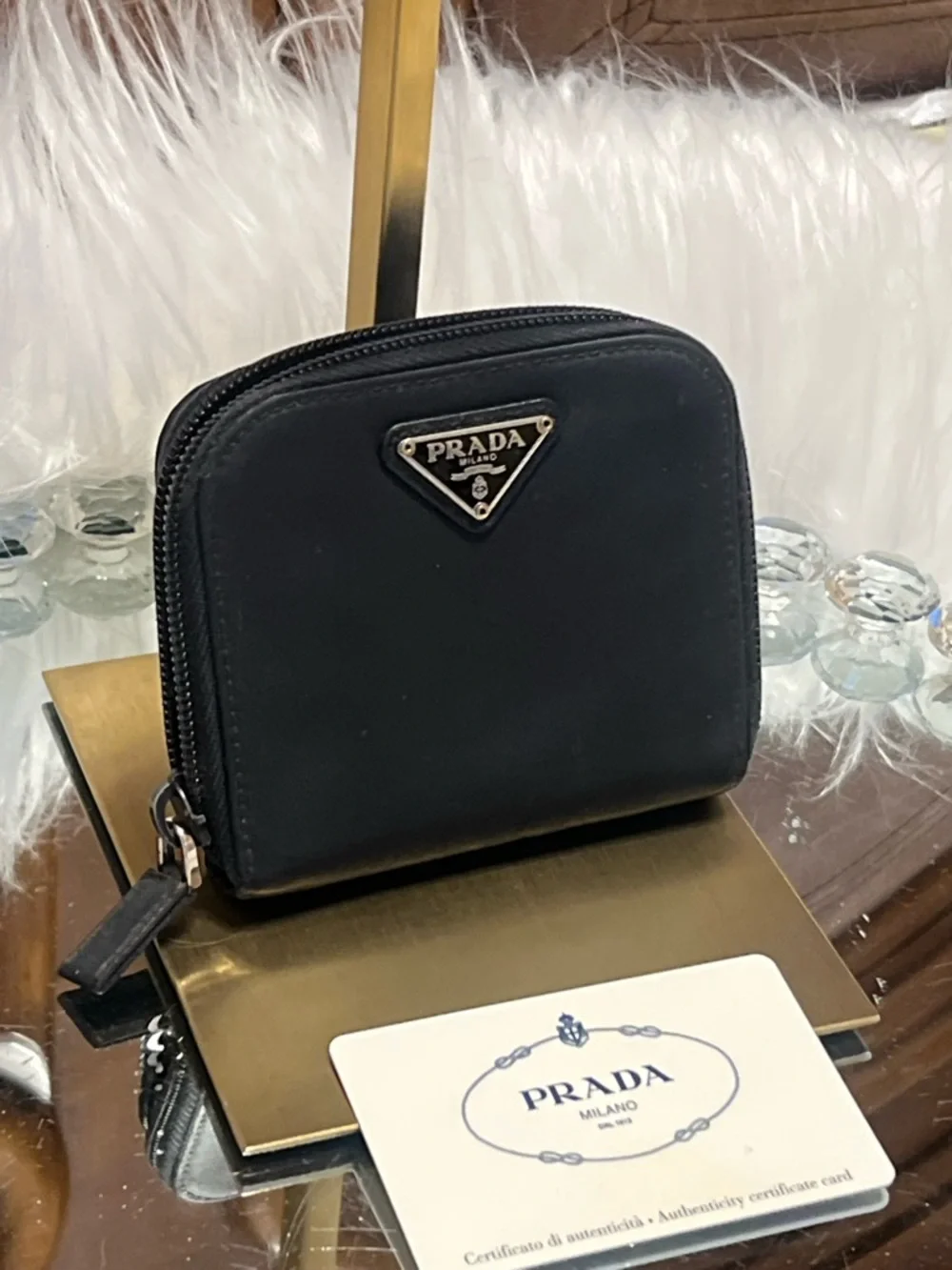 Prada Black Nylon Zip Around Compact Wallet with Triangle Logo